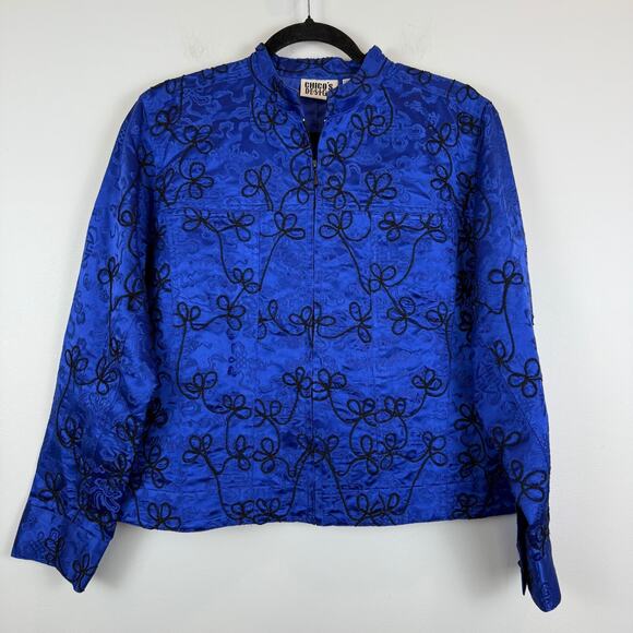 Chicos Design Jacket Women 1 US M Blue Floral 100% Silk Embroidered Full Zip Art - Picture 1 of 8